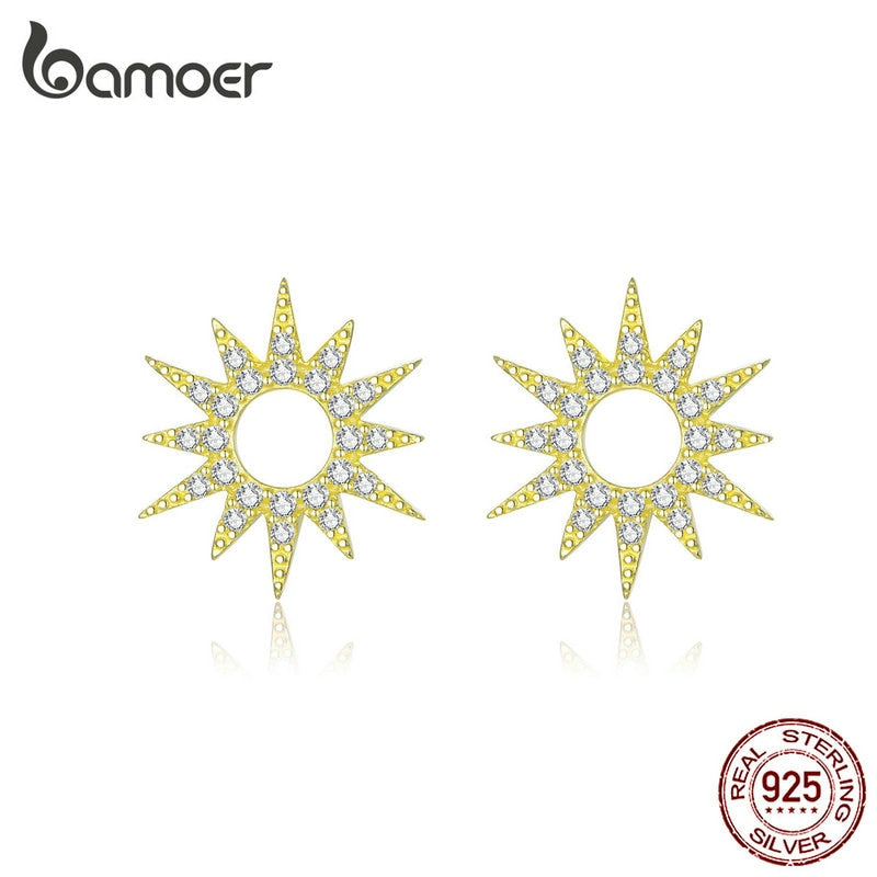 bamoer Bright Radiant Sun Stud Earrings for Women Clear CZ 925 Sterling Silver Ear Stud Wedding Engagement Jewelry BSE256