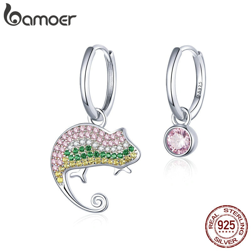 bamoer Protect Animal Chamaeleon Asymmetry Dangle Earrings Zircon 925 Sterling Silver Luxury Engagement Fine Jewelry BSE368