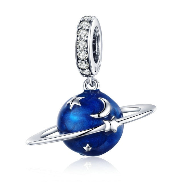 BAMOER 925 Sterling Silver Secret Planet Moon Star Pendant Blue Enamel Charms Fit Charm Bracelets Necklace Silver Jewelry SCC933