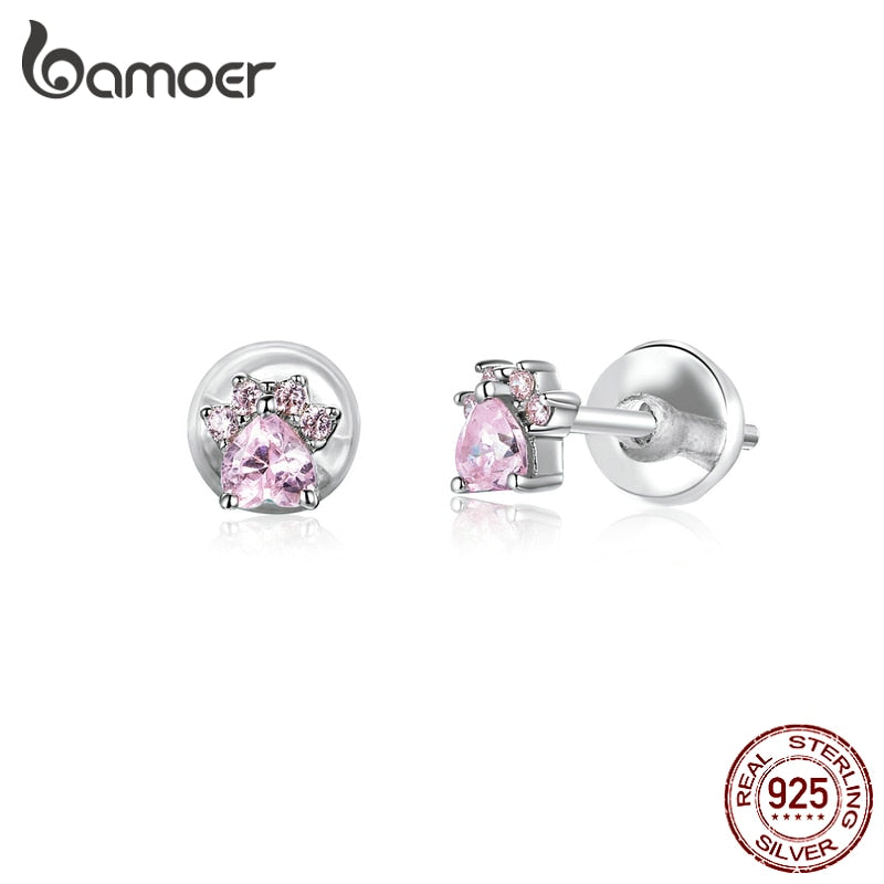 bamoer Sterling Silver 925 Jewelry Pink CZ Cat Paw Stud Earrings for Women Cute Anti-allergy Ear Studs for Girl Kids SCE781