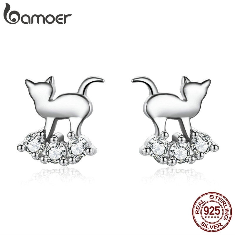 BAMOER Hot Sale 925 Sterling Silver Crystal Cat Animal Earrings Stud for Women Clear CZ Sterling Silver Jewelry SCE537
