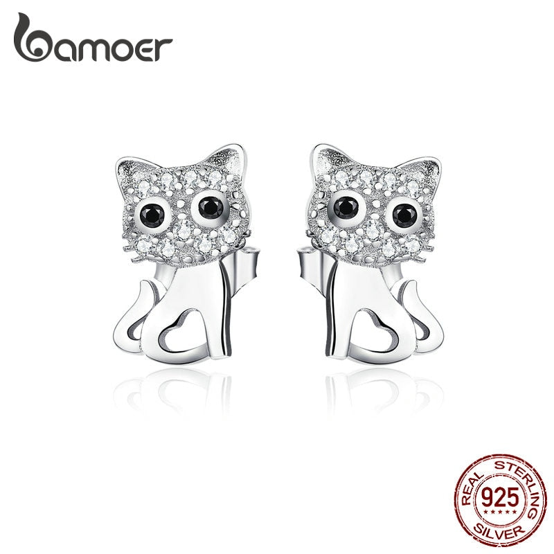 bamoer Sterling Silver 925 Cute Kitty Stud Earrings for Women Clear CZ Cat Lover Gifts Gifts Luxury Statement Jewelry SCE797