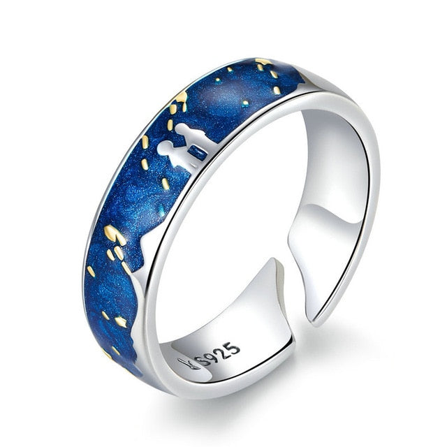 bamoer Sterling Silver 925 Lover Rings for Couple Blue Starry Sky of Van Gogh Open Finger Ring Design Jewelry Accessories SCR608