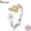 BAMOER 100% 925 Sterling Silver Adjustable Bee And Honey Flower Sweet Wish Finger Rings for Women Party Silver Jewelry BSR013