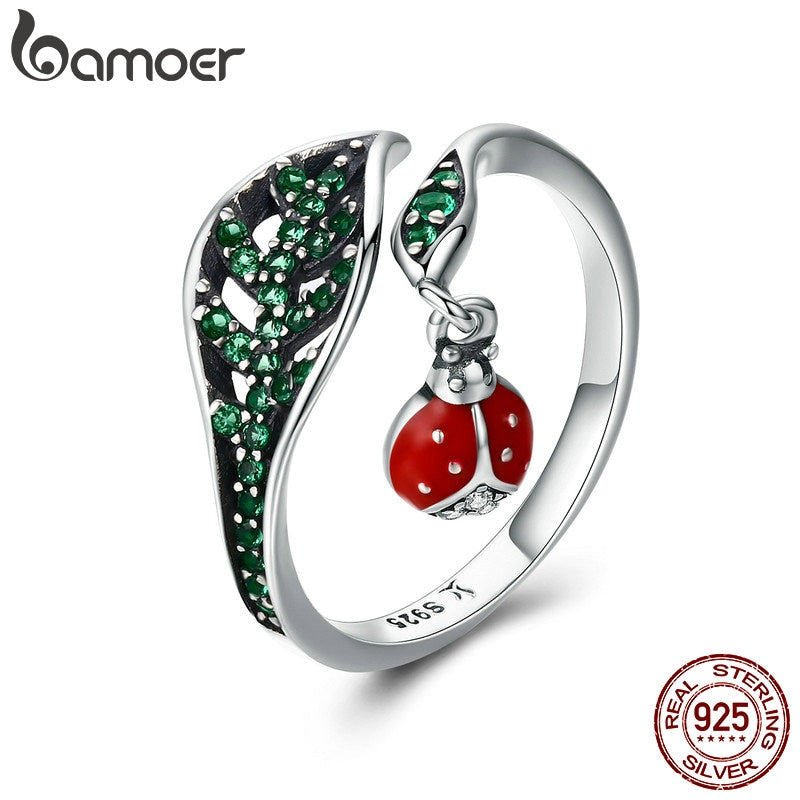 BAMOER 925 Sterling Silver Resting Ladybug Dangle in Tree Leaves Finger Rings for Women Sterling Silver Jewelry Gift SCR310