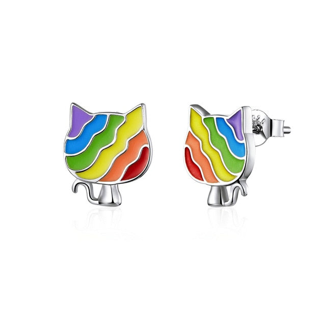 bamoer Rainbow Enamel Stud Earrings for Women 925 Sterling Silver Animal Fish Cat and Dog Fashion Jewelry Bijoux SCE823