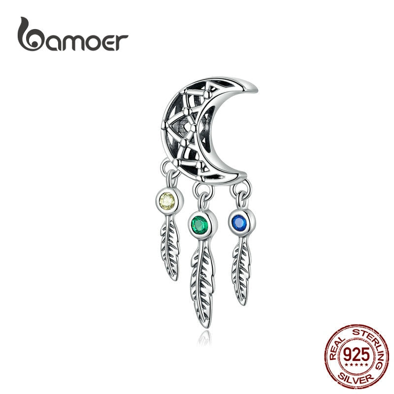 bamoer Bohemian Style Star Metal Beads for Jewelry Making Feather Tassel Charm fit Bracelet 925 Sterling Silver Charm SCC1232