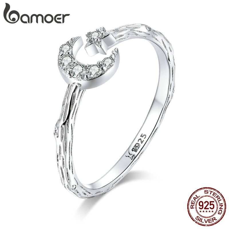 bamoer Vintage 925 Sterling Silver Moon and Star Open Adjustable Finger Rings for Women Retro Stylish Jewelry New SCR638
