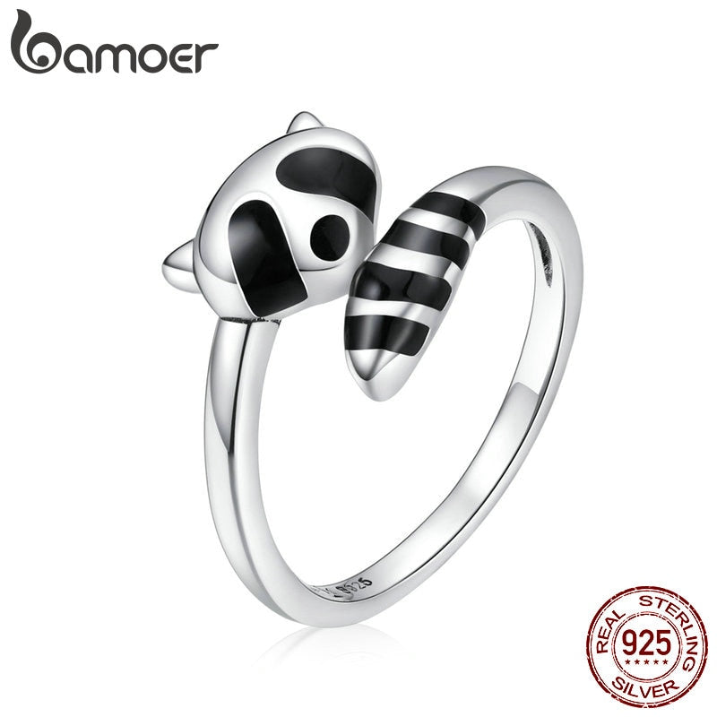 bamoer Authentic 925 Sterling Silver Black Enamel Raccoon Finger Rings for Women Adjustable Free Size Fine Jewelry SCR652