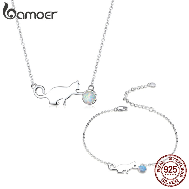 bamoer 925 Sterling Silver Kitty Pussy Cat with Ball Opal  Chain Necklace Bracelet Jewelry Sets Statement Jewelry Gifts ZHS193