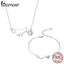 bamoer 925 Sterling Silver Kitty Pussy Cat with Ball Opal  Chain Necklace Bracelet Jewelry Sets Statement Jewelry Gifts ZHS193