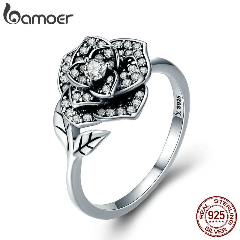 BAMOER 100% 925 Sterling Silver Rose Flower Dazzling CZ Tree Leaf Finger Rings for Women Wedding Engagement Jewelry Gift SCR382