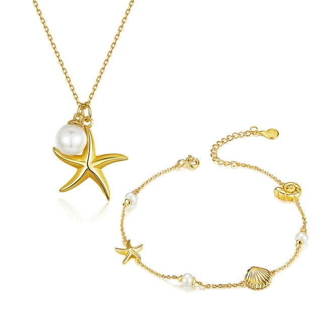 bamoer Summer Hot Sale Starfish with Pearl Jewelry Sets Gold Color Korean Style 925 Sterling Silver Fashion Jewelry ZHS154