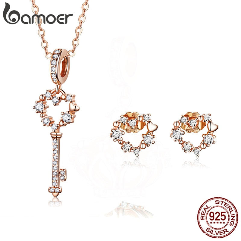 BAMOER Authentic 925 Sterling Silver Key and Heart Pendant Necklace and Stud Earrings Set Silver Jewelry Sets for Women ZHS113