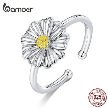 bamoer Silver 925 Jewelry Enamel Daisy Flower Open Adjustable Finger Rings for Women Sterling Silver Fine Jewelry SCR616