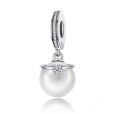 BAMOER 100% 925 Sterling Silver 2 Colors Elegant Pearl & Clear CZ Pendant Charm fit Charm Bracelet Jewelry SCC572