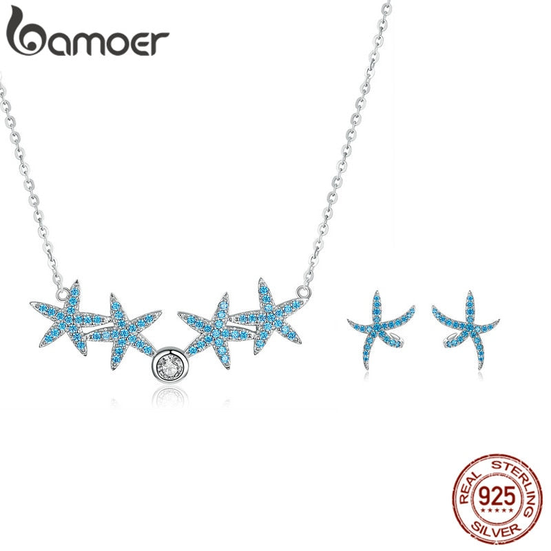 bamoer Ocean Blue Starfish Necklace Earrings Jewelry Sets Authentic 925 Sterling Silver AAA Zirconia Stone Jewelry ZHS118