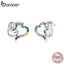 bamoer Rainbow Color Heart Stud Earrings for Women 925 Sterling Silver Sloth Animal Ear Pink Fine Jewelry Brincos Arete SCE885