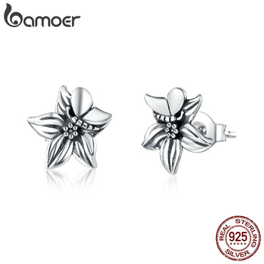 bamoer 925 Sterling Silver Retro Flower Stud Earrings for Women Butterfly Floral Vintage Style Fine Jewelry Arete SCE887