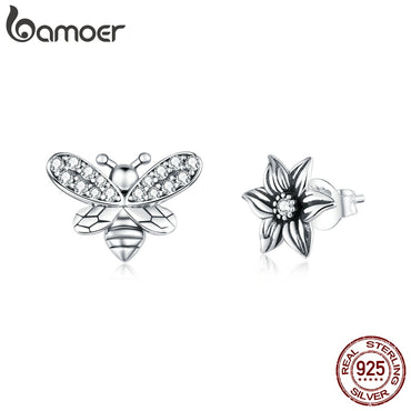 bamoer 925 Sterling Silver Stud Earrings for Women Bees and Retro Flower Ear Pins Female Anti-allergy Gifts for Girl SCE884