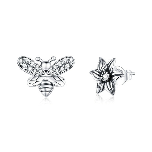 bamoer 925 Sterling Silver Stud Earrings for Women Bees and Retro Flower Ear Pins Female Anti-allergy Gifts for Girl SCE884