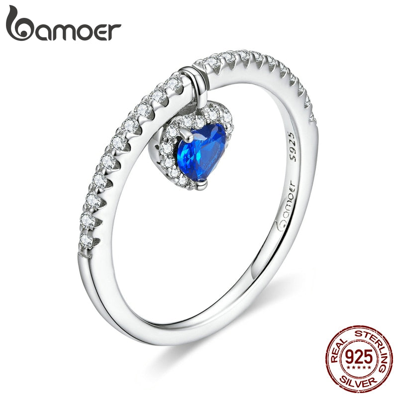 bamoer Authentic 925 Sterling Silver Blue Heart CZ Tiny Pendant Finger Rings for Women Engagement Statement Jewelry BSR117