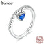 bamoer Authentic 925 Sterling Silver Blue Heart CZ Tiny Pendant Finger Rings for Women Engagement Statement Jewelry BSR117