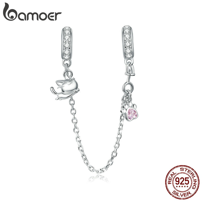 bamoer Silver 925 Jewelry Kitty Cat Safety Chain Charm fit for Original 3mm Snake Bracelet & Bangle Fine Jewelry Making BSC243