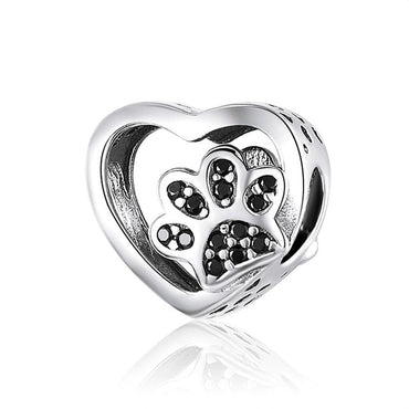 BAMOER Cat Love Heart-shape Charm 925 Sterling Silver Paw Footprints Heart Charms for Bangle Bracelet Fine Jewelry SCC1191