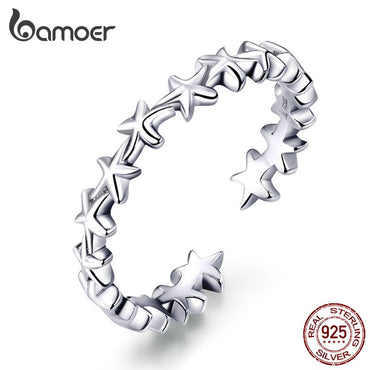bamoer Real  925 Sterling Silver Design Starfish Stackable Finger Rings for Women Adjustable Open Rings Free Size Jewelry SCR607