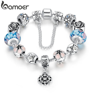 NEW Silver Plated Exquisite Glass Bead Bracelet With Safety Chain Luxury Strand Bracelet Jewelry PA1833