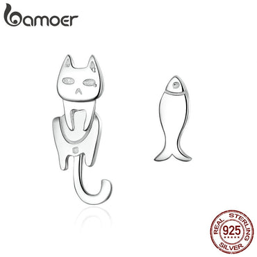 BAMOER Hot Sale Genuine 925 Sterling Silver Fish And Cat Simple Line Stud Earrings for Women Authentic Silver Jewelry SCE488