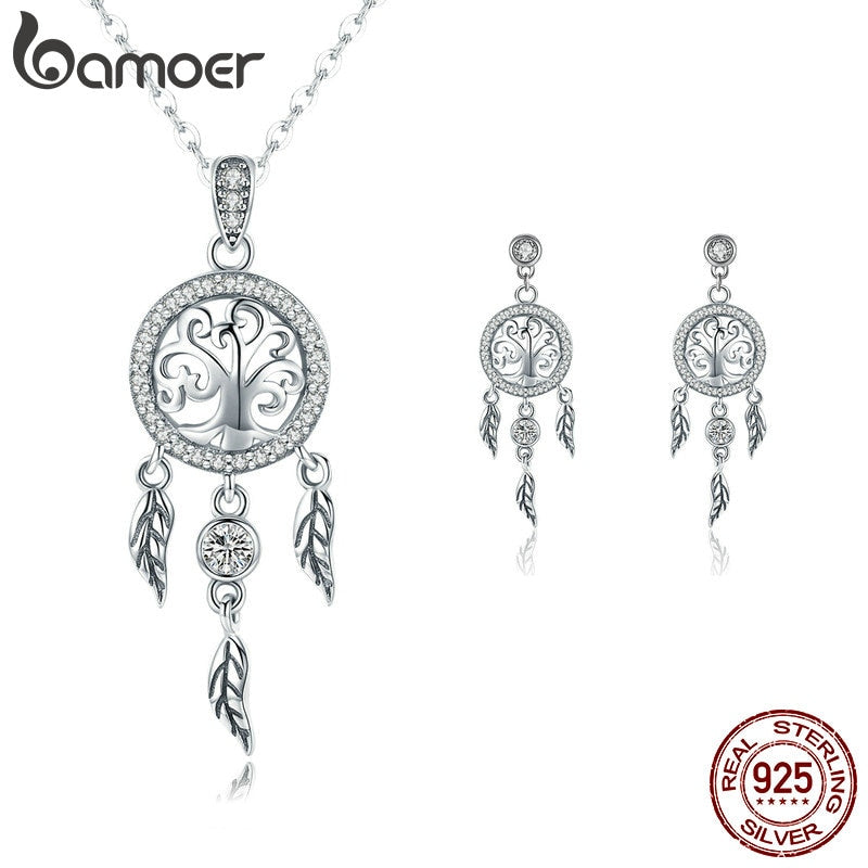 BAMOER Authentic 925 Sterling Silver Tree of Life Dream Catcher Necklaces Pendant Jewelry Set Sterling Silver Jewelry Gift