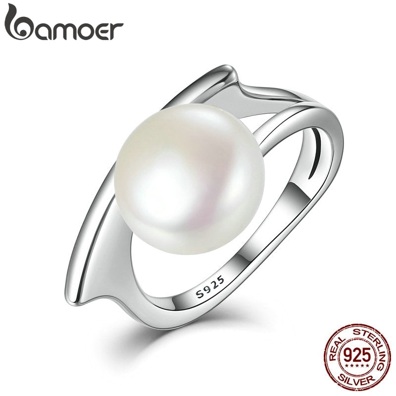 BAMOER New Collection Authentic 100% 925 Sterling Silver Fresh Water Cultured Pearl Rings for Women Wedding Jewelry SCR034