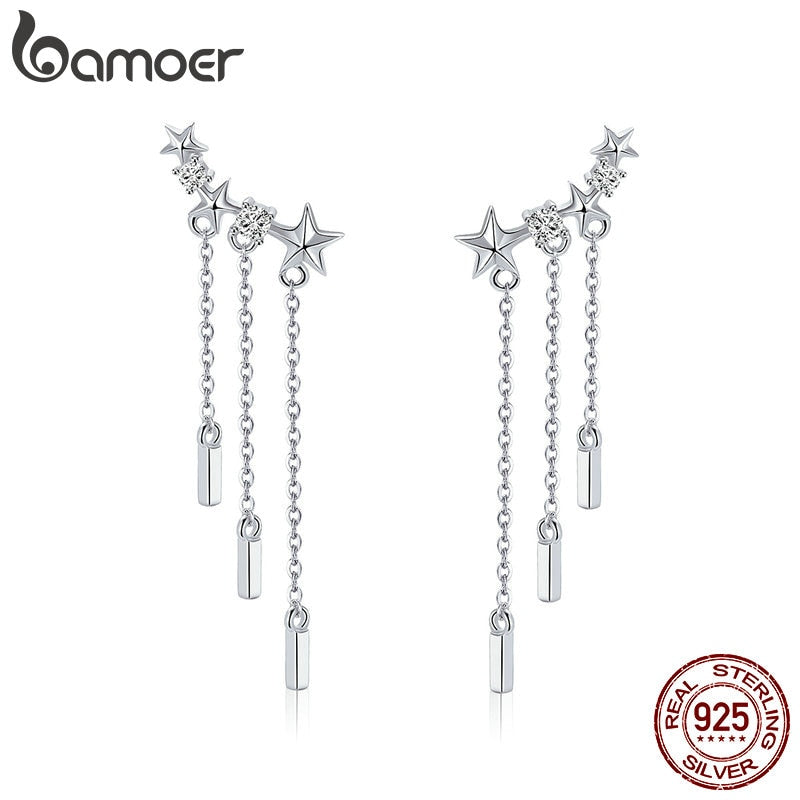 BAMOER Genuine 925 Sterling Silver Long Chain Star Dazzling CZ Drop Earrings for Women Fashion Earrings Silver Jewelry SCE399