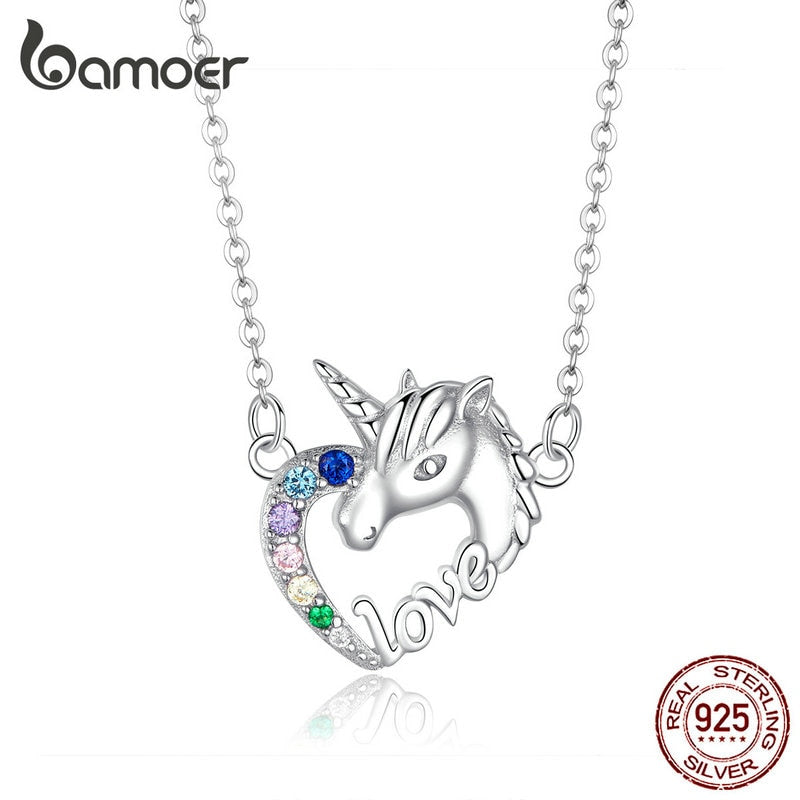 bamoer Lucky Licorne Heart Short Neckalce for Women Short Choker 925 Sterling Silver Girl Collier Fashion Jewelry SCN348