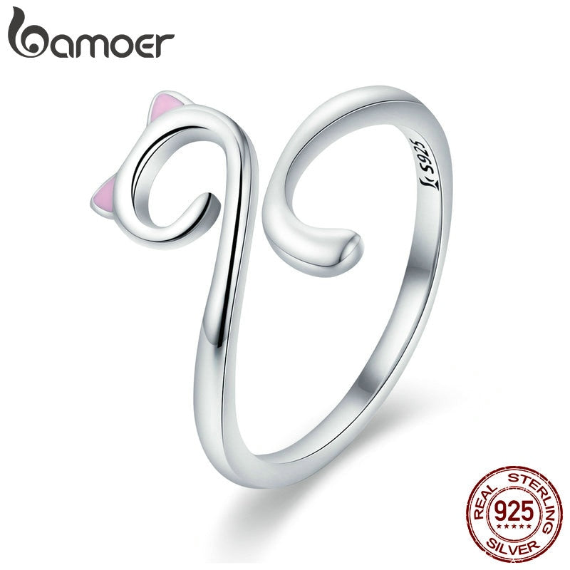 BAMOER Hot Sale Authentic 925 Sterling Silver Naughty Cat Nail Pussy Open Size Finger Ring for Women Party Ring Jewelry SCR341