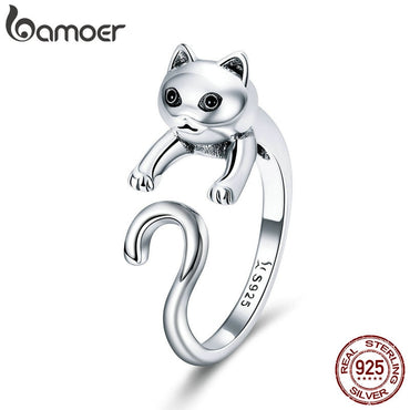 BAMOER Genuine 925 Sterling Silver Long Tail Naughty Cat Finger Rings for Women Adjustable Size Sterling Silver Jewelry SCR409
