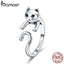 BAMOER Genuine 925 Sterling Silver Long Tail Naughty Cat Finger Rings for Women Adjustable Size Sterling Silver Jewelry SCR409