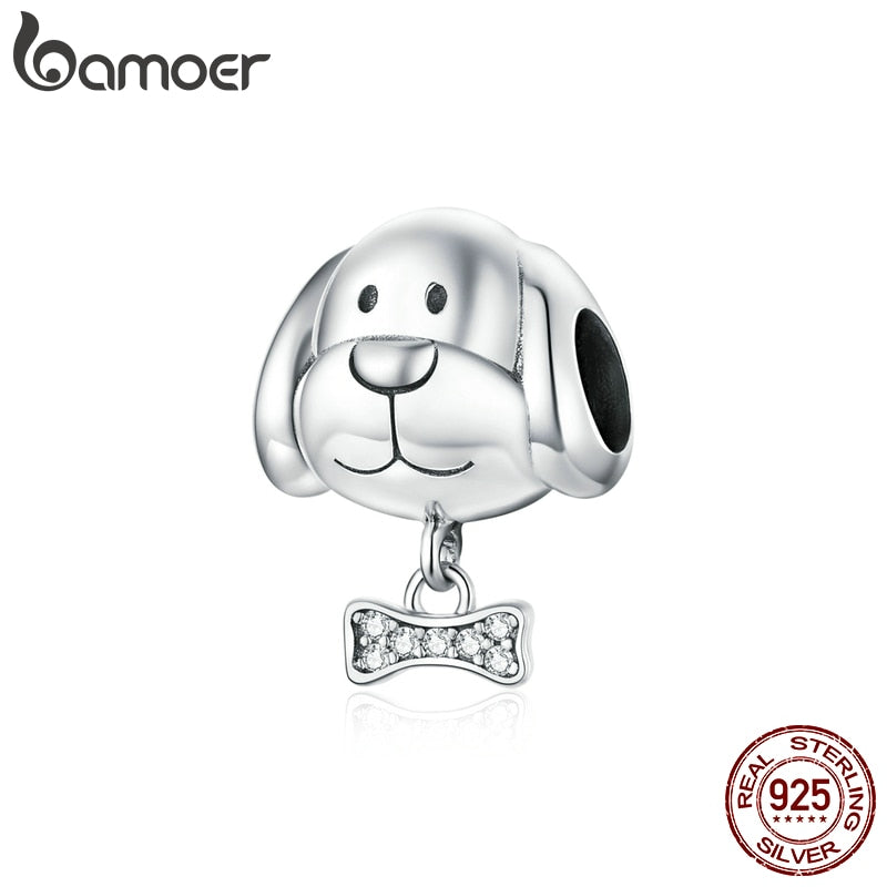 bamoer 925 Sterling Silver Dog with Bone Metal Beads for Women Jewelry Making Silver Charm for Original Bracelet Luxury BSC244