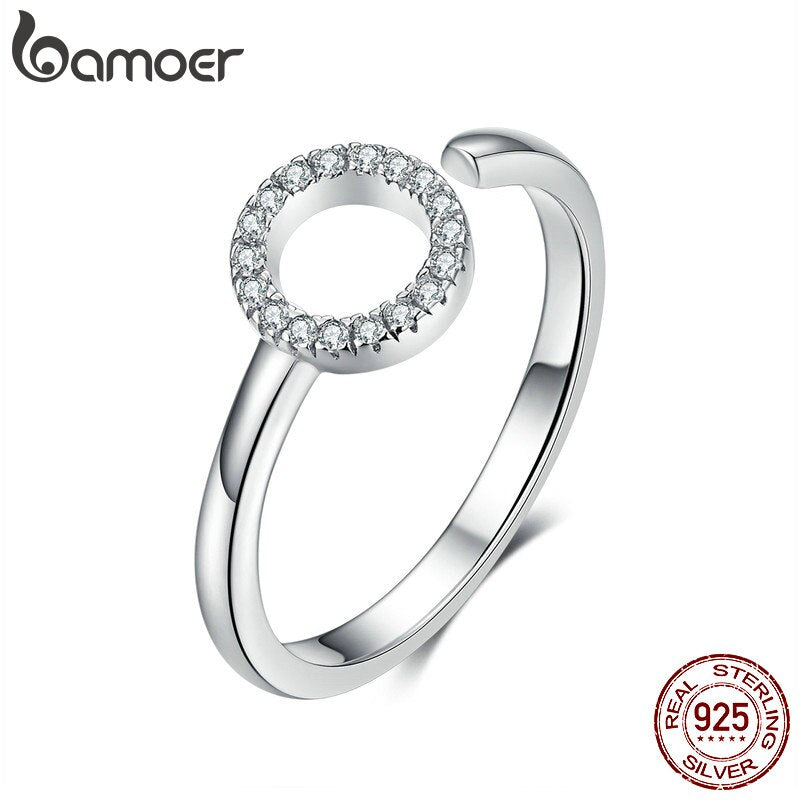 bamoer Geometric Round Simple Adjustable Finger Rings for Women Sterling Silver 925 Clear CZ Free Size Circle Jewelry SCR545