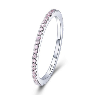 BAMOER 925 Sterling Silver Pink Crystal Wedding Female Rings for Women Simple Geometric Ring Sterling Silver Jewelry SCR066