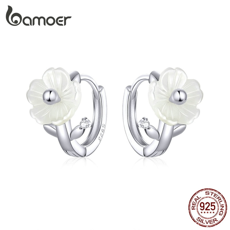 bamoer Silver 925 Jewelry White Shell Flower Tiny Hoop Earrings for Women Elegant Female Jewelry Accessories Gifts BSE321