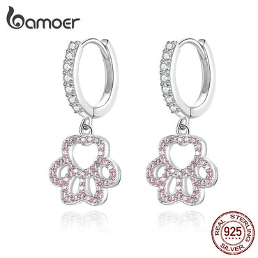 bamoer Sterling Silver Dog Paw Pink CZ Drop Earrings for Women Wedding Engagement Statement Silver 925 Fashion Jewelry SCE771