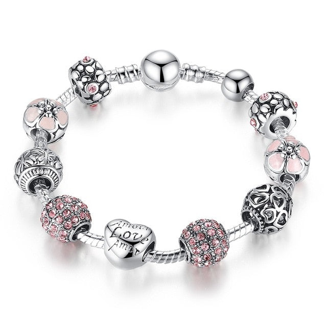 BAMOER Silver Plated Charm Bracelet & Bangle with Love and Flower Beads Women Wedding Jewelry 4 Colors 18CM 20CM 21CM PA1455