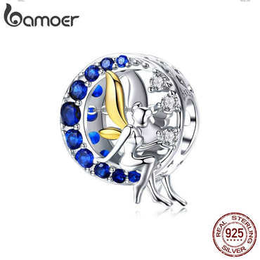 BAMOER Silver Charms  925 Sterling Silver Blue Moon Lunar Angel Round Beads for Women Jewelry Making DIY Bracelet Jewelry BSC070