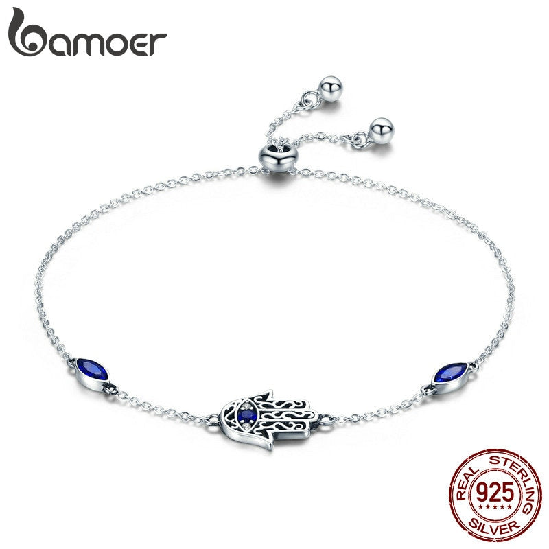 BAMOER Hot Sale 100% 925 Sterling Silver Lucky Hamsa Fatima Hand Chain Link Bracelets for Women Blue CZ Silver Jewelry SCB076