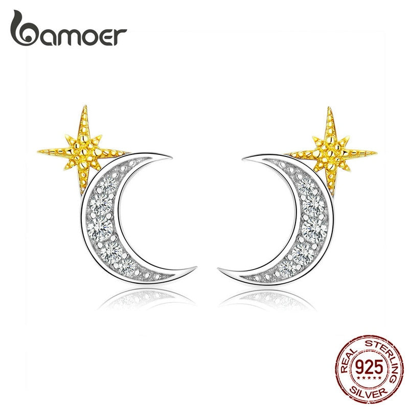 bamoer Moon and Stars Stud Earrings for Women Authentic 925 Sterling Silver Luxury Anti-allergy Jewelry Gifts for Girl SCE729