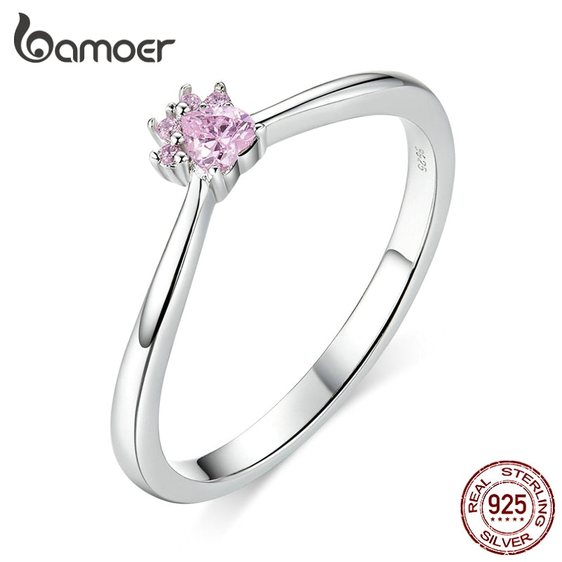 BAMOER Real 100% 925 Sterling Silver Classic Dog Paw Pink Clear CZ Finger Rings for Women Sterling Silver Jewelry SCR628