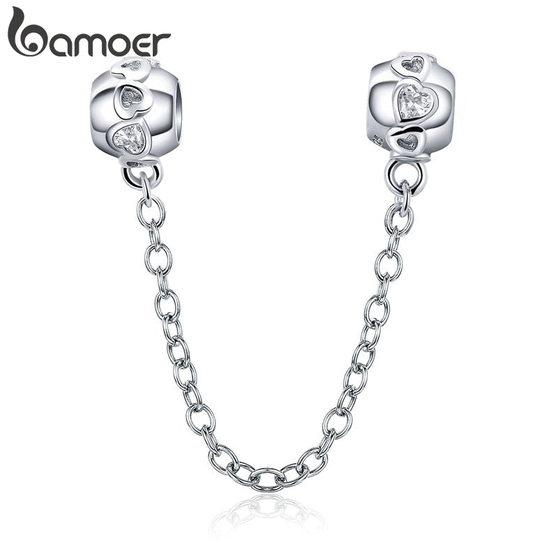 BAMOER Genuine 100% 925 Sterling Silver Romantic Heart Safety Chain Charm fit Women Charm Bracelets DIY Jewelry Making SCC736